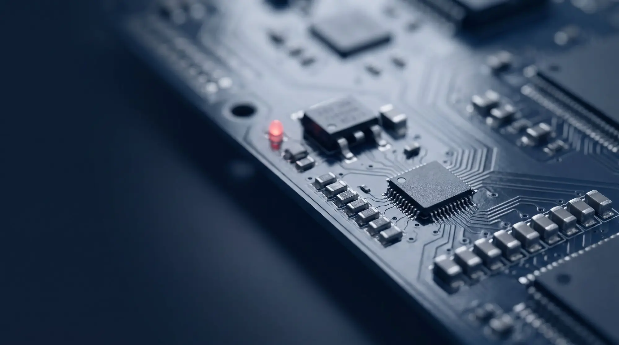 Close-up of a circuit board with a microcontroller, power chip and ceramic capacitors