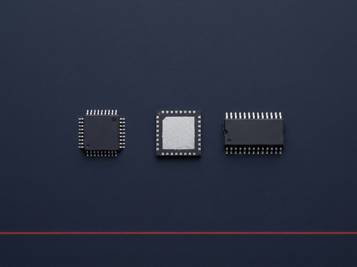 Three chip package types: a microcontroller, a power management chip with exposed thermal pad, and a driver chip